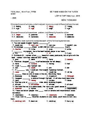 Đề tham khảo thi tuyển sinh Lớp 10 THPT môn Tiếng Anh - Năm học 2019-2020 (Có đáp án)